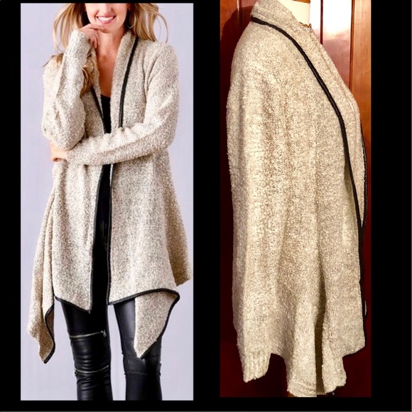 BEIGE OPEN SWING SEQUIN FAUX LEATHER CARDIGAN - Picture 3 of 8